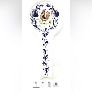 Nova Deruta Kitchen Oven Spoon Rest With Rooster Italy Blue Floral Farm Print